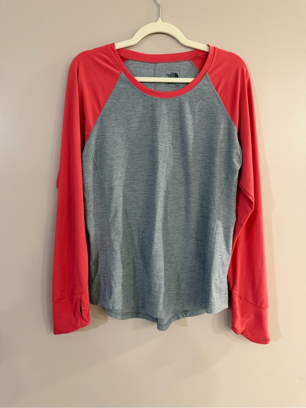 The North Face Women's Gray Body with Coral Raglan Long Sleeve Top